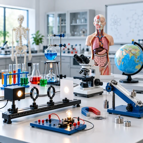 Educational scientific equipment including microscopes, anatomy models, optics and science laboratory apparatus